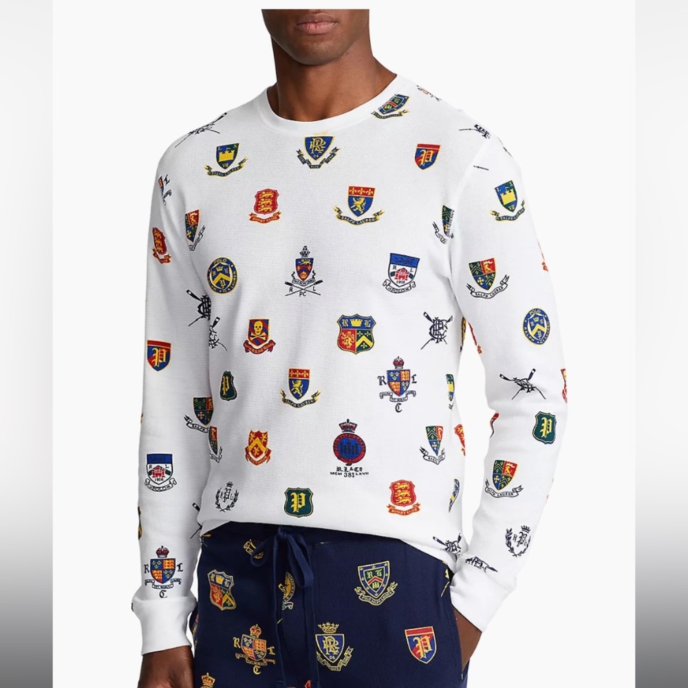 Polo Ralph Lauren Men's White Herald
Crest All Over Waffle Knit Thermal T-Shirt